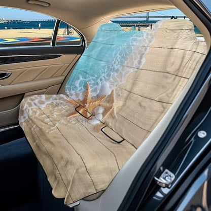 Beach Starfish Seashell Wood Print Back Seat Cover Waterpoof Rear Bench Towel Seat Cover for Gym Swimming Surfing Running, Non-Slip Rear Seat Protector Universal Fits Auto Truck Van SUV - color: Beach Starfish Seashell Wood