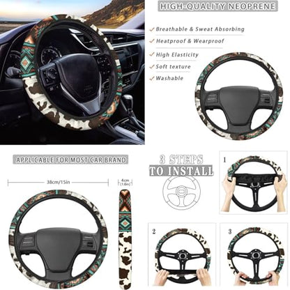 Dreaweet Aztec Cow Car Seat Covers Full Set for Women,Southwestern Car Accessories Interior,Native American Steering Wheel Cover with Center Console Cover,Seat Belt Pads,Car Coasters,Gear Shift Cover - color: Aztec Cow