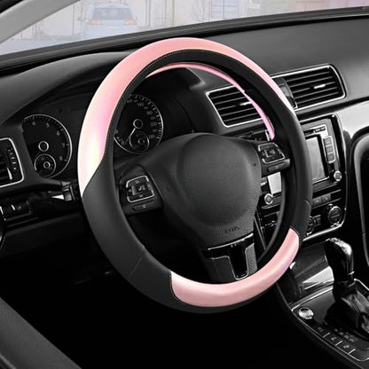 Road Comforts Steering Wheel Cover – Breathable Leather Steering Wheel Cover, Anti-Slip Grip, Universal Fit 14.5” to 15”, Heat & Cold Resistant for Cars, SUVs, and Trucks – Black & Shining Pink - color: Black&Pink