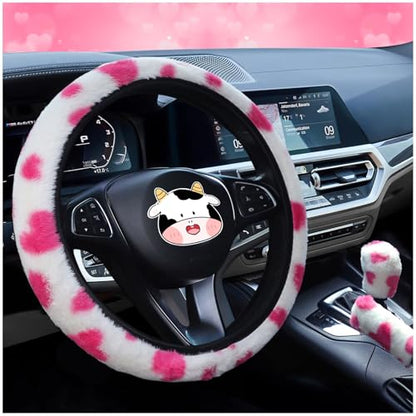 SuperKaKa 3PCS Plush Heart Print Steering Wheel Cover,Auto Furry Cute Shift Gear & Hand Brake Covers Soft Warm Universal Car Interior Accessories for Women Men(Pink Heart) - color: Pink Heart