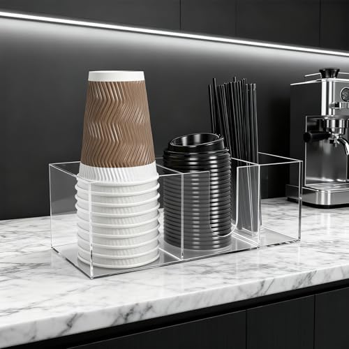 Acrylic Cup Holder for Countertop, 3 Slots Acrylic Coffee Bar Accessories and Organizer Anti Slip Waterproof, Clear Coffee Station Organizer for Cup Lid Straw - color: Clear