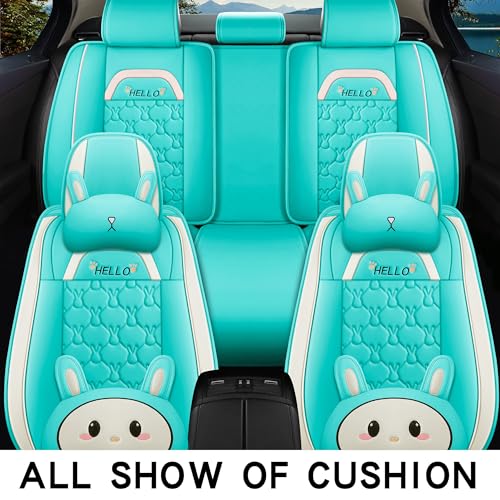 INZU Cute Cartoon Rabbit Comfortable Car Seat Covers with Waterproof PU Leather Suitable for Most 5 Seats Cars SUV and Pick-up Truck Universal Fit Set (Blue & Green) - color: Blue & Green