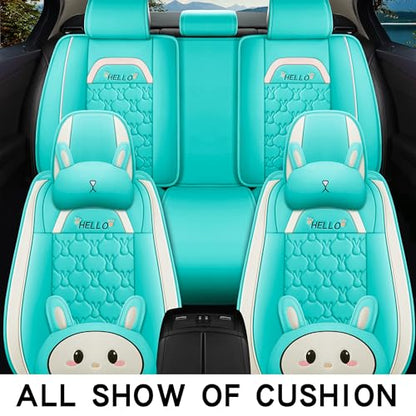 INZU Cute Cartoon Rabbit Comfortable Car Seat Covers with Waterproof PU Leather Suitable for Most 5 Seats Cars SUV and Pick-up Truck Universal Fit Set (Blue & Green) - color: Blue & Green