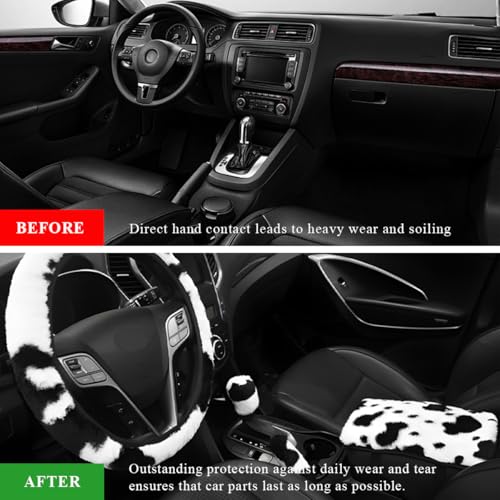 4 PCS Cow Print Car Accessories Set, Cute Cow Print Plush Wheel Shift Knob Protector for Winter Warm, Soft Fluffy Printed Handbrake Covers Armrest Pad for Women Girls - color: 4PCS Set