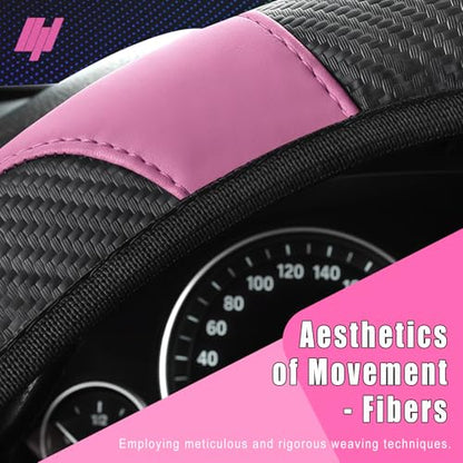 Leather Car Steering Wheel Cover, 15 Inch Anti-Slip Carbon Fiber Black Steering Wheel Cover, Universal Car Interior Accessories for Trucks Sedans SUVs (Black & Pink) - color: Black & Pink
