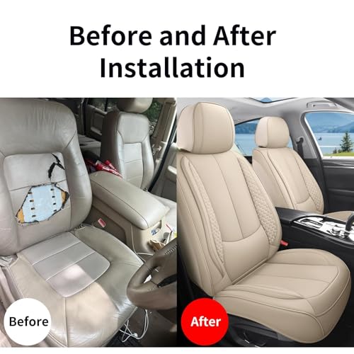 Car Seat Covers Full Set, Luxury Faux Leather Car Seat Covers Waterproof Non-Slip Seat Protector Universal Fit for Most Cars SUVs Trucks Pick-ups,Car Accessories Interior for Women(Beige)