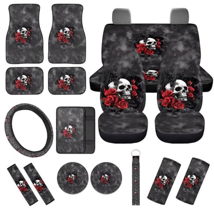 Red Rose and Skull Print 17 Pcs Car Seat Cover Full Set, Car Seat Cover Thickened Non-Slip Floor Mats Steering Wheel Cover Keychains Seatbelt Pad Armrest Cover Cup Coasters - color: Red Rose and Skull Print