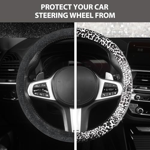 AUTOYOUTH Leopard Print Steering Wheel Cover - Bling Crystal Rhinestones Cheetah Print on PVC Leather Non-Slip Breathable Design for Women/Girls Universal Fit 14.5-15 Inch - White - color: WHITE
