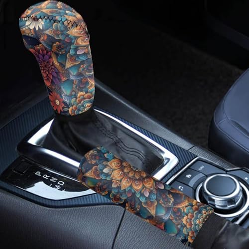 AFPANQZ Handbrake Cover & Shift Gear Knob Cover Bohemian Flower Universal Gear Stick Case Sleeve Non-Slip Soft Fit Most Cars Sedan SUV Van Truck Universal - color: Bohemian Flower