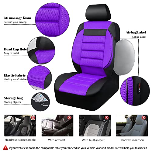 CAR PASS Leather 3D Foam Back Support Car Seat Covers Full Set Air Mesh Automotive Seat Covers, All Season Car Seat Cover Fit Automotive,SUV,Sedan,Van, Airbag Compatible Elegance (Black Purple) - color: black and purple