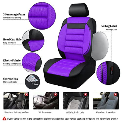 CAR PASS Leather 3D Foam Back Support Car Seat Covers Full Set Air Mesh Automotive Seat Covers, All Season Car Seat Cover Fit Automotive,SUV,Sedan,Van, Airbag Compatible Elegance (Black Purple) - color: black and purple