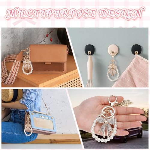 2 Pcs White Rhinestone Bowknot Keychain Imitation Pearl Chains Sparkly Bow Purse Charm Bag Charms for Handbags Purse Backpacks Handbag Charms Keychain Accessories for Women