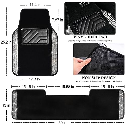 CAR PASS Bling Diamond Car Mats Shining Carpet Crystal Rhinestones Sparkly Glitter Floor Mats with Anti-Slip PVC Heel Pad Universal for Automotive SUV, Sedan, Van, 3pcs for Girl Women, Black Silver - color: Black Silver