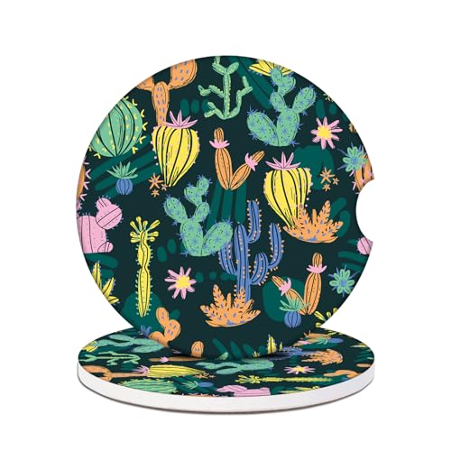 2 Pack Car Cup Holder Coasters - Colorful Cactus Absorbent Ceramic Coaster, Car Coasters for Cup Holders, Car Interior Accessories for Women Men - color: Colorful Cactus