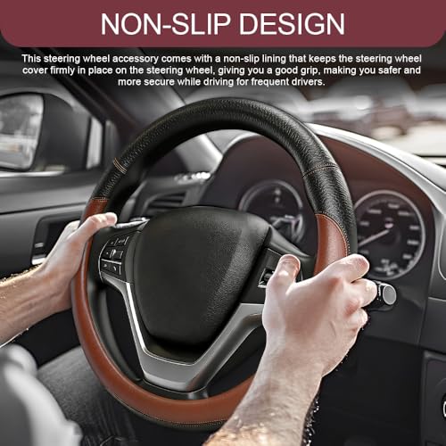 Car Steering Wheel Cover, Durable Leather Cover with Anti-Slip Lining, Microfiber PU Leather Elastic Steering Wheel Protector, Comfortable Non-Slip Steering Wheel Covers for Autos (Coffee) - color: Coffee