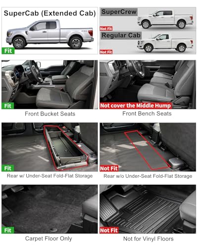 Umbrauto Custom Fit Floor Mats for Ford F150 SuperCab (Extended Cab) 2015-2025 2026 (Not for SuperCrew Cab), All Weather TPE Automotive Pickup Truck Liners for Front & Rear Row - size: F150 2015-26 SuperCab