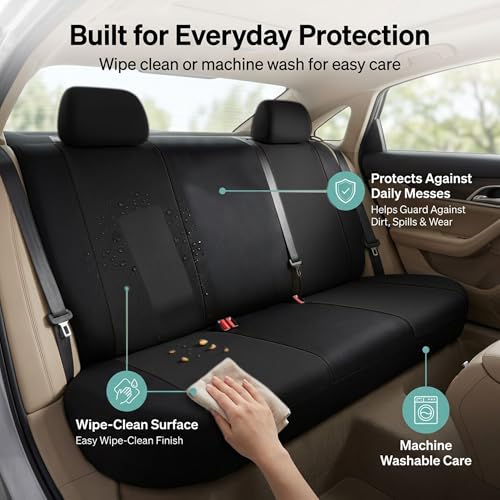 FH Group Rear Solid Bench Automotive Seat Cover | Universal Cloth Seating for SUV, Sedan, Van | Washable Car Seat Covers Interior Accessories - Black - color: Black