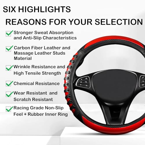 3D Massage Red Carbon Fiber Leather Steering Wheel Cover, 14.5-15 Inch Non-Slip Breathable Microfiber Car Steering Wheel Protector - color: 3D Massage - Sports Red