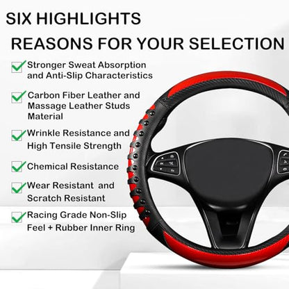 3D Massage Red Carbon Fiber Leather Steering Wheel Cover, 14.5-15 Inch Non-Slip Breathable Microfiber Car Steering Wheel Protector - color: 3D Massage - Sports Red