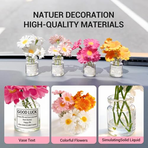 Daisy Car Dashboard Decorations - 4 Pack Mini Floral Accessories for Women - Secure Adhesive & Residue-Free Removable Vases for New Car Gift