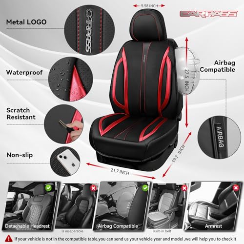 CAR PASS Nappa Leather Car Seat Covers, Durable Waterproof Luxury Universal Seat Covers for SUV Pick-up Truck Sedan, Anti-Slip Driver 5 Seat Covers Full Set with Backrest, Black Metallic Red - color: Black Metallic Red, size: Full Set