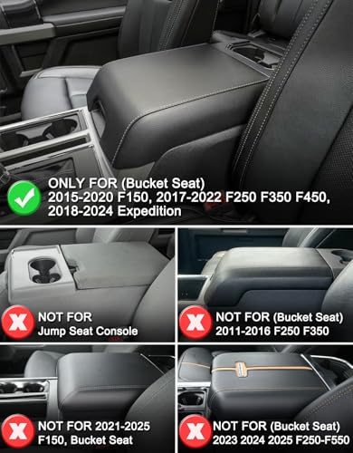 KBH Auto Center Console Armrest Cover for 2015-2020 Ford F150, 2017-2022 F250 F350 F450 F550, 2018-2024 Expedition, Bucket Seat Only, Anti-Scratch, Black-Red Stitch (Not for Other Years) - size: Bucket Seat, 15-20 F150 / 17-22 F250-F550