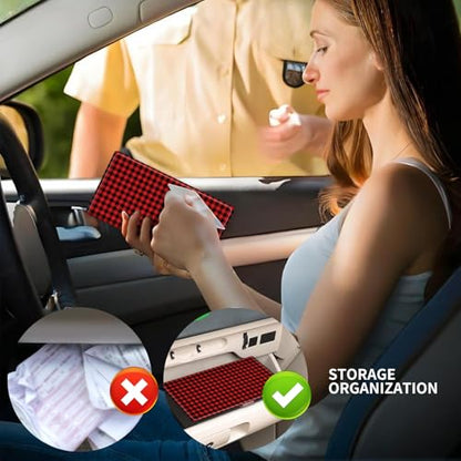 Leather Car Registration and Insurance Card Holder, Cute Car Accessories Vehicle Glove Box Car Organizer for Documents, Cards, License Luxury Black Red Plaid - color: Luxury Black Red Plaid