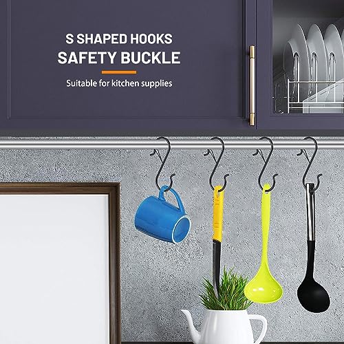 12 PCS S Hooks for Hanging with Safety Buckle, 3.5 inch Heavy Duty Metal S Shaped Hooks for Kitchen Utensil, Cups, Pots, Plants, Bags, Hats (Black) - color: Black