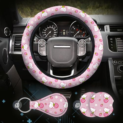 Kitty Accessories Car, Strawberry Pink Cat Wheel Cover, Y2K Car Accessories, Girly Steering Wheel Cover, Universal Fit 14.5-15 inch Auto SUV Vans Trucks, Anti-Slip and Sweat Absorption - color: Pink
