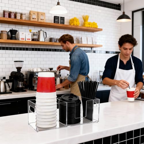Acrylic Coffee Cup Holder for Countertop Coffee Station Accessories & Organizer 3 Slots Clear Coffee Bar Organizer for Cup Lid Straw
