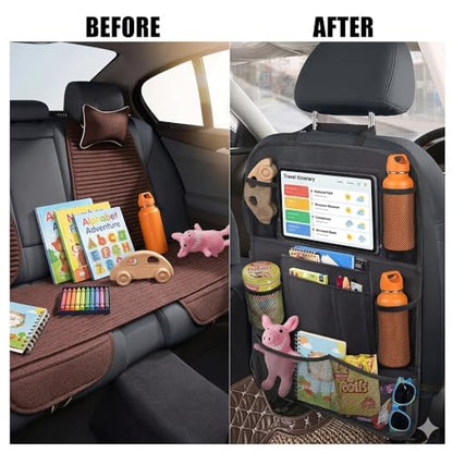 2 Pack Backseat Car Organizer & Kick Mat, Waterproof Seat Back Protector with Clear Pad/Tablet Holder, Universal Fit Car Organizer for Kids Travel Essentials & Storage for SUV/Truck/Sedan
