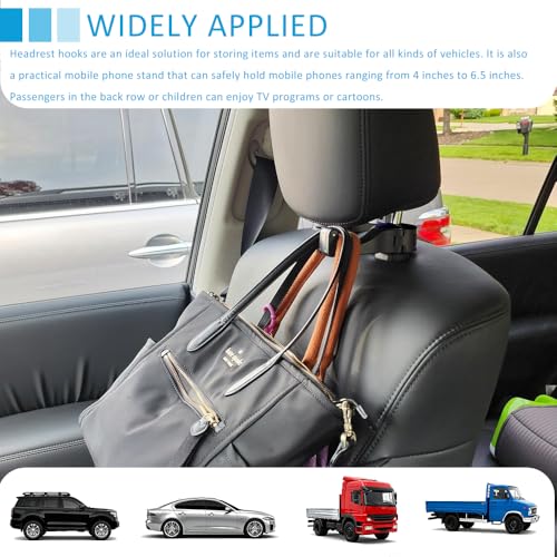 2PCS Car Headrest Hidden Hook, 2 in 1 Rear Headrest Hook with Phone Holder, 360° Rotation Storage Headrest Hanger, Universal Auto Organizer Hook for Purse Handbag Clothes Grocery (Gun Copper)