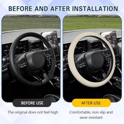 Car Steering Wheel Cover, 13 to 14.17 inches Non-Slip Silicone Steering Wheel Protector, Car Accessories Thin Soft Leather Texture Steering Wheel Protective Cover for Most Cars (Beige) - color: Beige