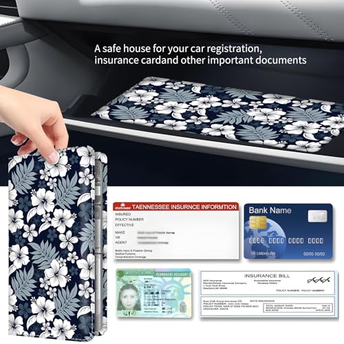 Premium Car Registration and Insurance Card Holder, Cute PU Leather Car Document Holder, Vehicle Glove Box Car Organizer with Magnetic Closure for Driver License, Cards Navy Tropical Hibiscus - color: Navy Tropical Hibiscus