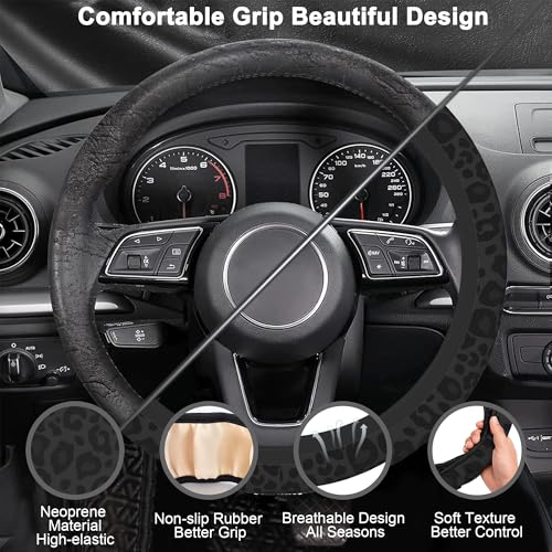 Black Leopard Steering Wheel Cover with 2 PCS Cup Coasters for Car,Black Cheetah Print 15 Inch Non-Slip Neoprene Steering Wheel Covers,Breathable Car Accessories Fit for Men Women - color: Black Leopard