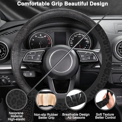 Black Leopard Steering Wheel Cover with 2 PCS Cup Coasters for Car,Black Cheetah Print 15 Inch Non-Slip Neoprene Steering Wheel Covers,Breathable Car Accessories Fit for Men Women - color: Black Leopard