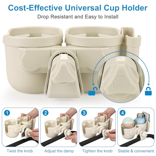 Accmor Stroller Cup Holder with Phone Holder, Bike Cup Holder, Universal Cup Holder for Uppababy Nuna Doona Strollers, 2-in-1 Cup Holder for Walker, Wheelchair, Scooter - color: Double Holder-All Off White