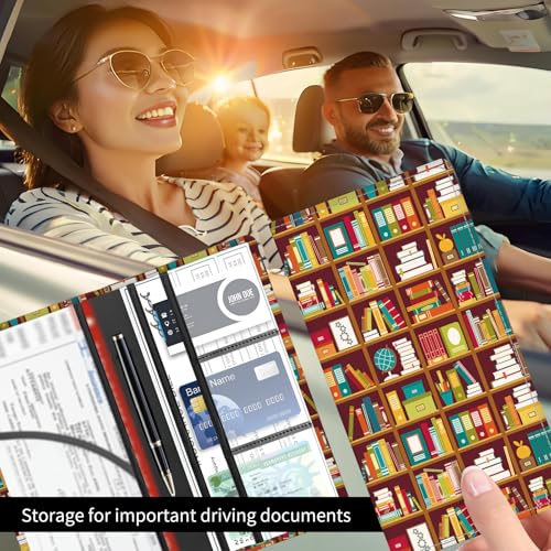 Premium Car Registration and Insurance Card Holder, Cute PU Leather Car Document Holder, Vehicle Glove Box Car Organizer with Magnetic Closure for Driver License, Cards Cute Bookshelf - color: Cute Bookshelf