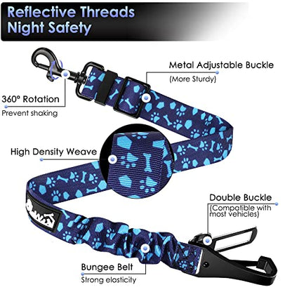 SlowTon Dog Seat Belt, Adjustable Dog Safety Belt Leash, 2 in 1 Latch Bar Attachment Dogs Car Seatbelt with Elastic Nylon Bungee Buffer, Reflective Nylon Belt Tether Connect (BL Dog Paw) - color: Blue Dog Paw