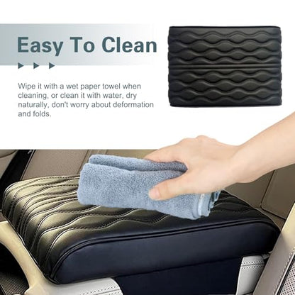 Wavy Quilted Car Armrest Cover, Premium Leather Auto Center Console Pad, Universal Armrest Cushion Protector for Car, Truck, Sedan, SUV, Anti-Scratch Soft Waterproof Console Cover (Black)