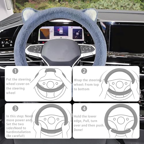 Car Steering Wheel Cover, Cute Steering Wheel Protector with Kitty Cat Ears,Fluffy Soft Plush for Winter Warm, Universal Fit 15 inches for Car,SUV, Elastic & Anti-Slip (Blue) - color: Blue