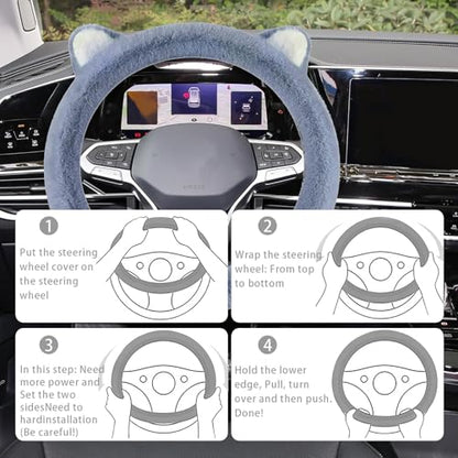 Car Steering Wheel Cover, Cute Steering Wheel Protector with Kitty Cat Ears,Fluffy Soft Plush for Winter Warm, Universal Fit 15 inches for Car,SUV, Elastic & Anti-Slip (Blue) - color: Blue