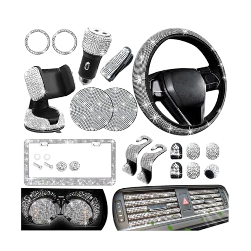 27PCS Bling Car Accessories Set for Women, 14.5-15" Crystal Rhinstone Steering Wheel Cover, License Plate Frame, USB Charger Phone Holder, Girly Auto Interior Decor Set, Universal Fit (White) - color: White