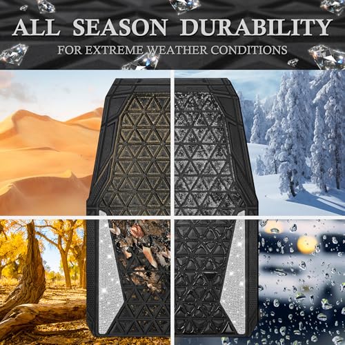 CAR PASS Bling Diamond Car Mats Rubber Floor Mats Full Set Anti-Slip 3D Rhombus Waterproof Trim to Fit Liner Universal Glitter Crystal Sparkly Shining Rhinestone Girl Women SUV Sedan, Silver Diamond - color: White Diamond