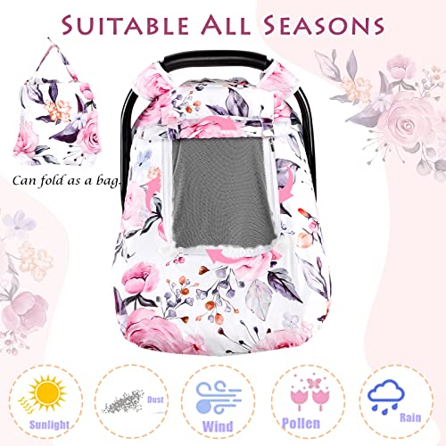 Floral Baby Carseat Cover Girls, Pea Pod Infant Car Seat Covers Canopy for Newborn with 2 Layers Windows of Breathable Mesh/Fabric, Lightweight Polyester/Minky Dot Backing, Snug Fit Most Baby Car Seat