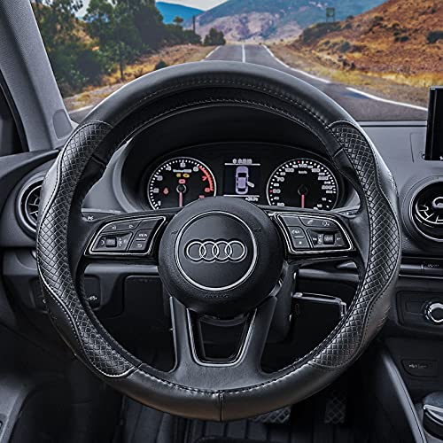 Heavy Duty Pure Cowhide Steering Wheel Cover, Black Genuine Leather Steering Wheel Cover Men Women Universal 14.5 to 15 Inch - color: black-3