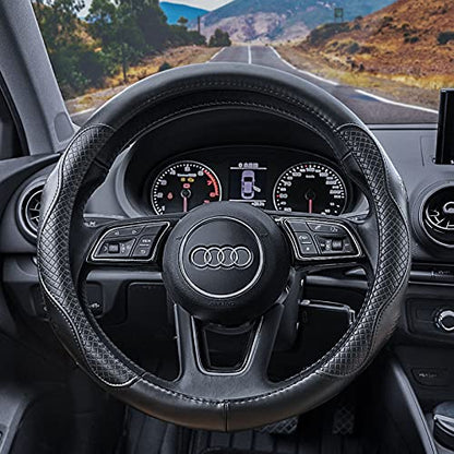 Heavy Duty Pure Cowhide Steering Wheel Cover, Black Genuine Leather Steering Wheel Cover Men Women Universal 14.5 to 15 Inch - color: black-3