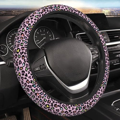 Pink Leopard Print Neoprene Steering Wheel Cover for Men Women Anti-Slip Elastic Steering Wheel Protective Cover 15in Universal Car Accessories Fit Cars, SUVs, Auto - color: Pink Leopard Print