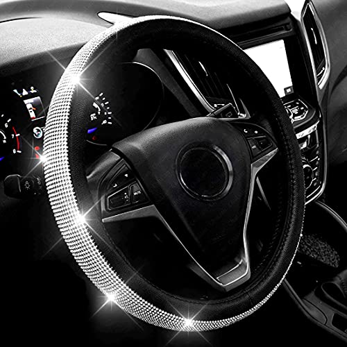 Diamond Leather Steering Wheel Cover with Bling Bling Crystal Rhinestones,Large-Size of 15 1/2 inches-16 inches Black - color: Black with White Diamonds, size: Large Size[15"1/2-16"]