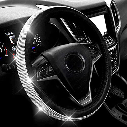 Diamond Leather Steering Wheel Cover with Bling Bling Crystal Rhinestones,Large-Size of 15 1/2 inches-16 inches Black - color: Black with White Diamonds, size: Large Size[15"1/2-16"]